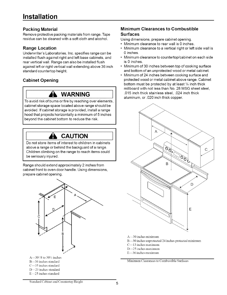 Installation, Packing material, Range location | Cabinet opening, Minimum clearances to combustible surfaces, Warning, À caution | Amana ART6002 User Manual | Page 5 / 28