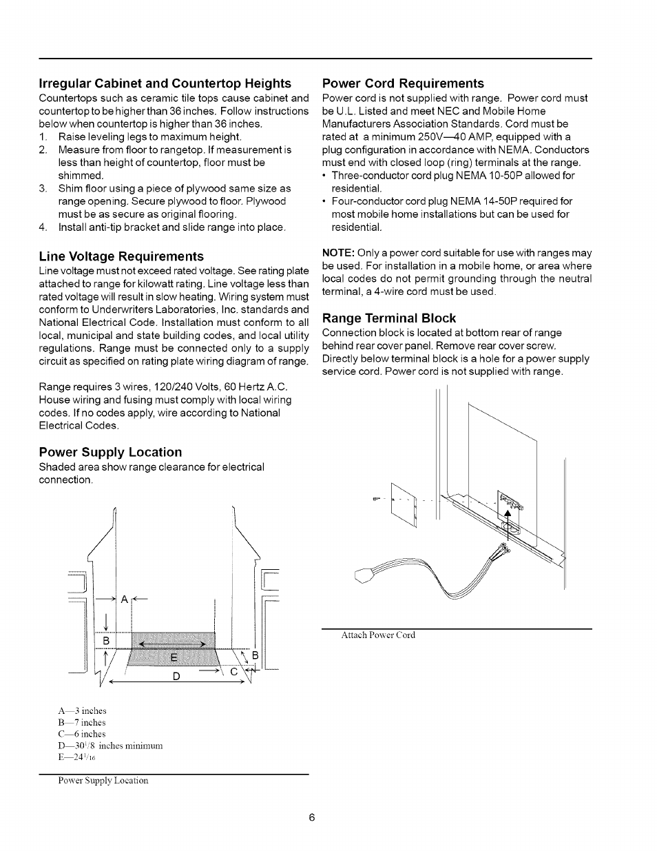 Irregular cabinet and countertop heights, Power cord requirements, Line voltage requirements | Power supply location, Range terminal block | Amana ART6002 User Manual | Page 6 / 28