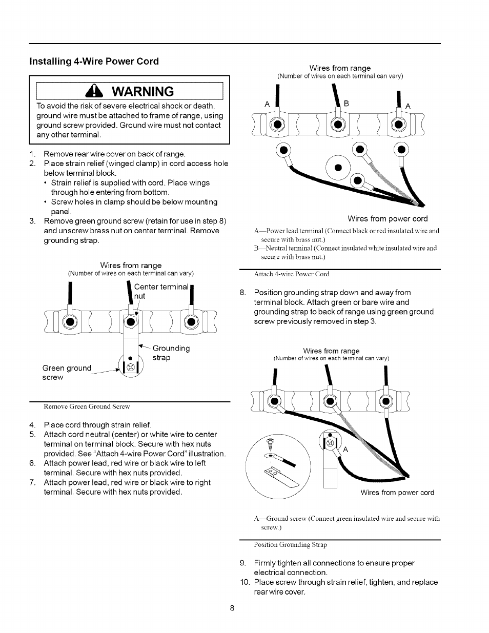 Installing 4-wire power cord, Warning | Amana ART6002 User Manual | Page 8 / 28