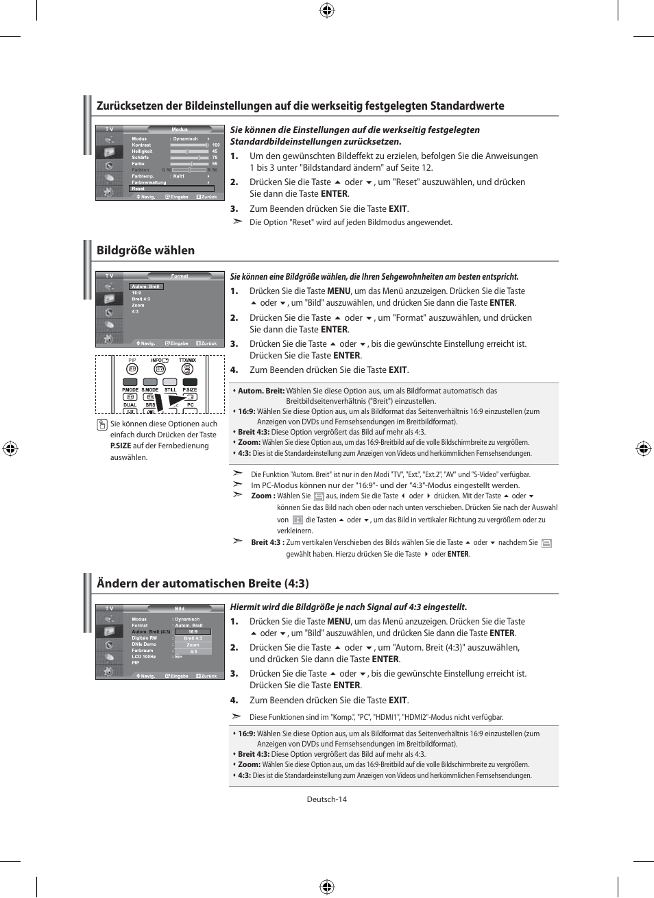 Bildgröße wählen, Ändern der automatischen breite (4:3) | Samsung LE46F71B User Manual | Page 104 / 312