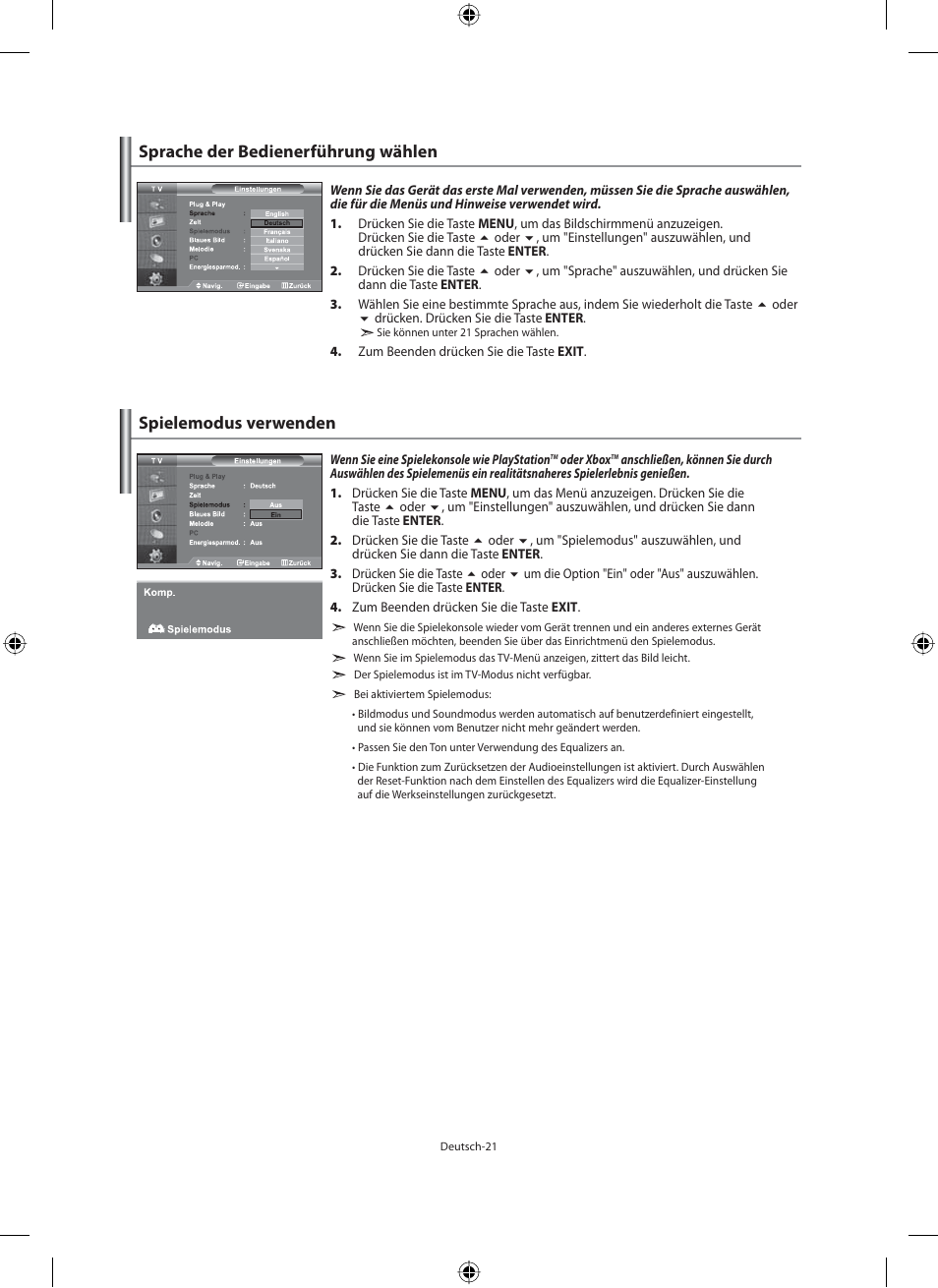 Sprache der bedienerführung wählen, Spielemodus verwenden | Samsung LE46F71B User Manual | Page 111 / 312