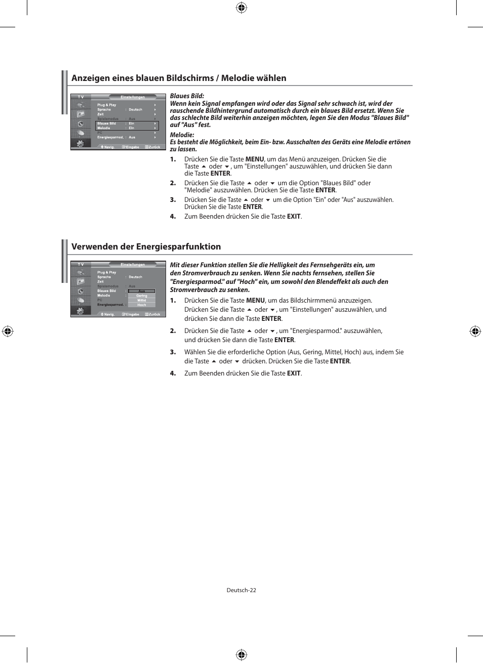 Anzeigen eines blauen bildschirms / melodie wählen, Verwenden der energiesparfunktion | Samsung LE46F71B User Manual | Page 112 / 312