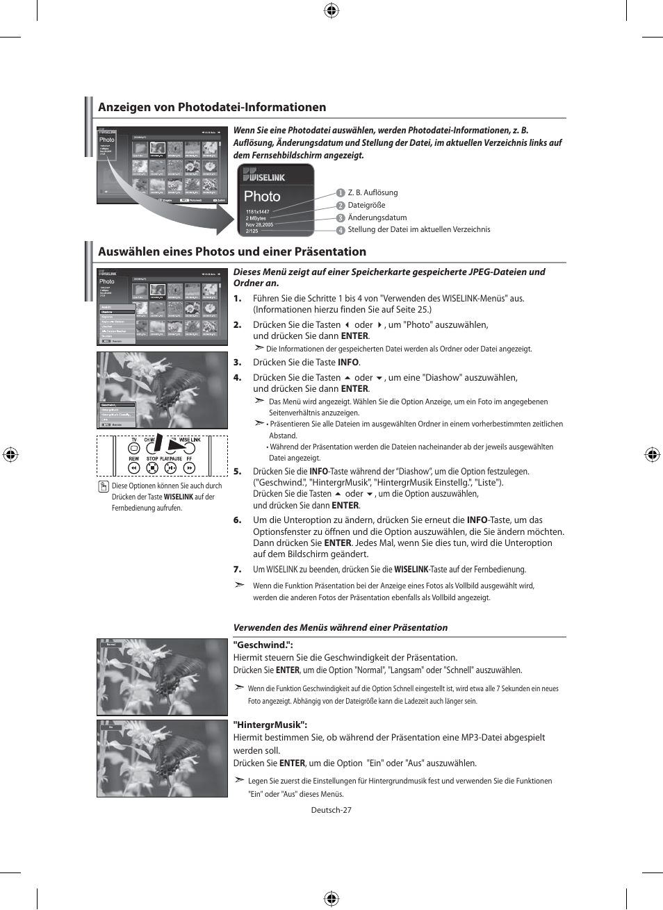 Auswählen eines photos und einer präsentation, Anzeigen von photodatei-informationen | Samsung LE46F71B User Manual | Page 117 / 312