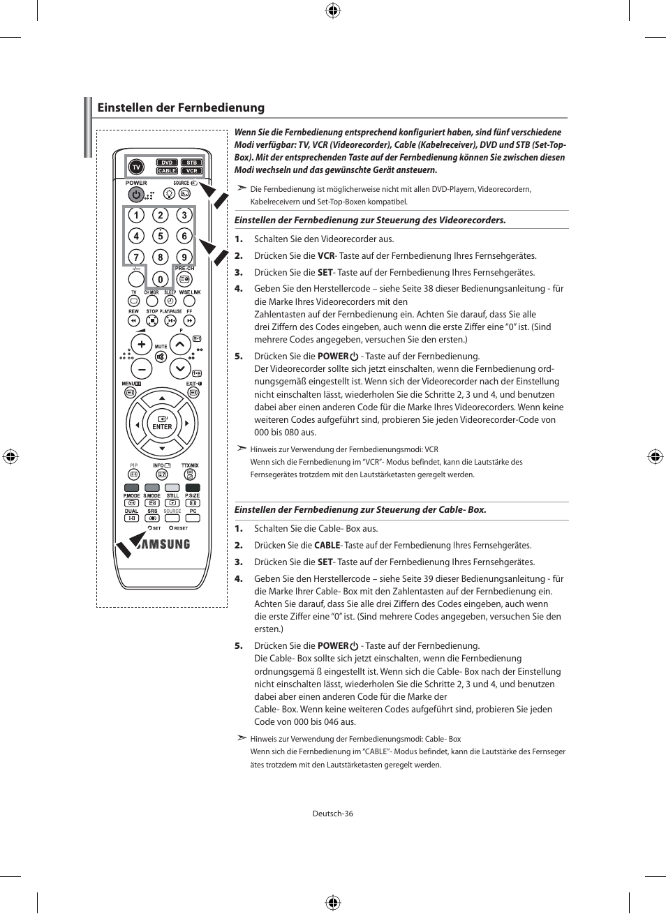 Einstellen der fernbedienung | Samsung LE46F71B User Manual | Page 126 / 312
