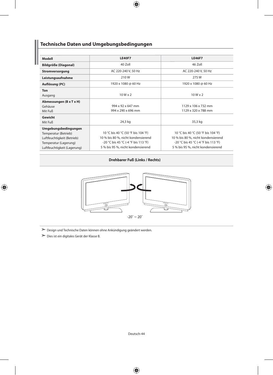 Technische daten und umgebungsbedingungen | Samsung LE46F71B User Manual | Page 134 / 312