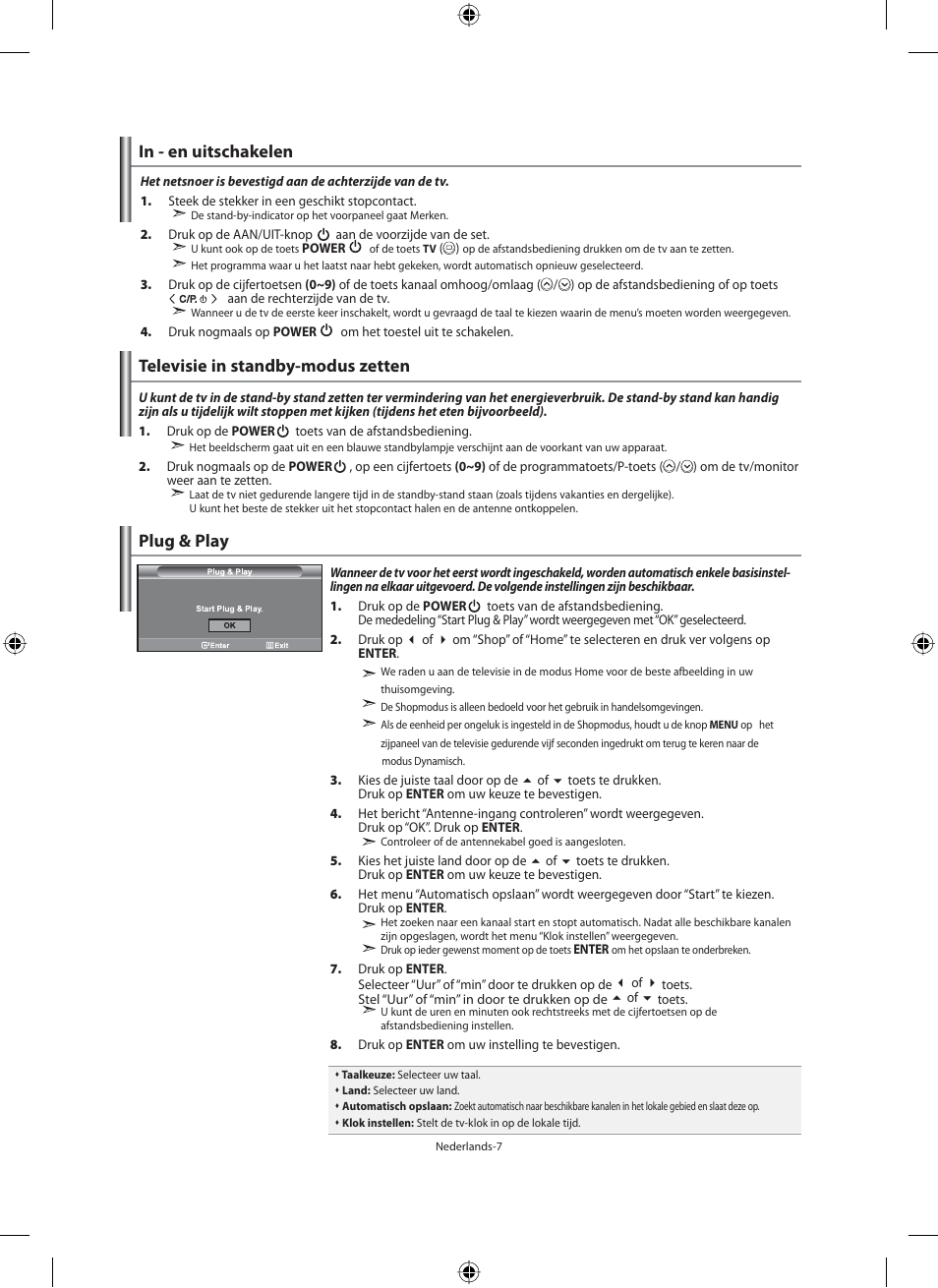 Plug & play, Televisie in standby-modus zetten | Samsung LE46F71B User Manual | Page 141 / 312