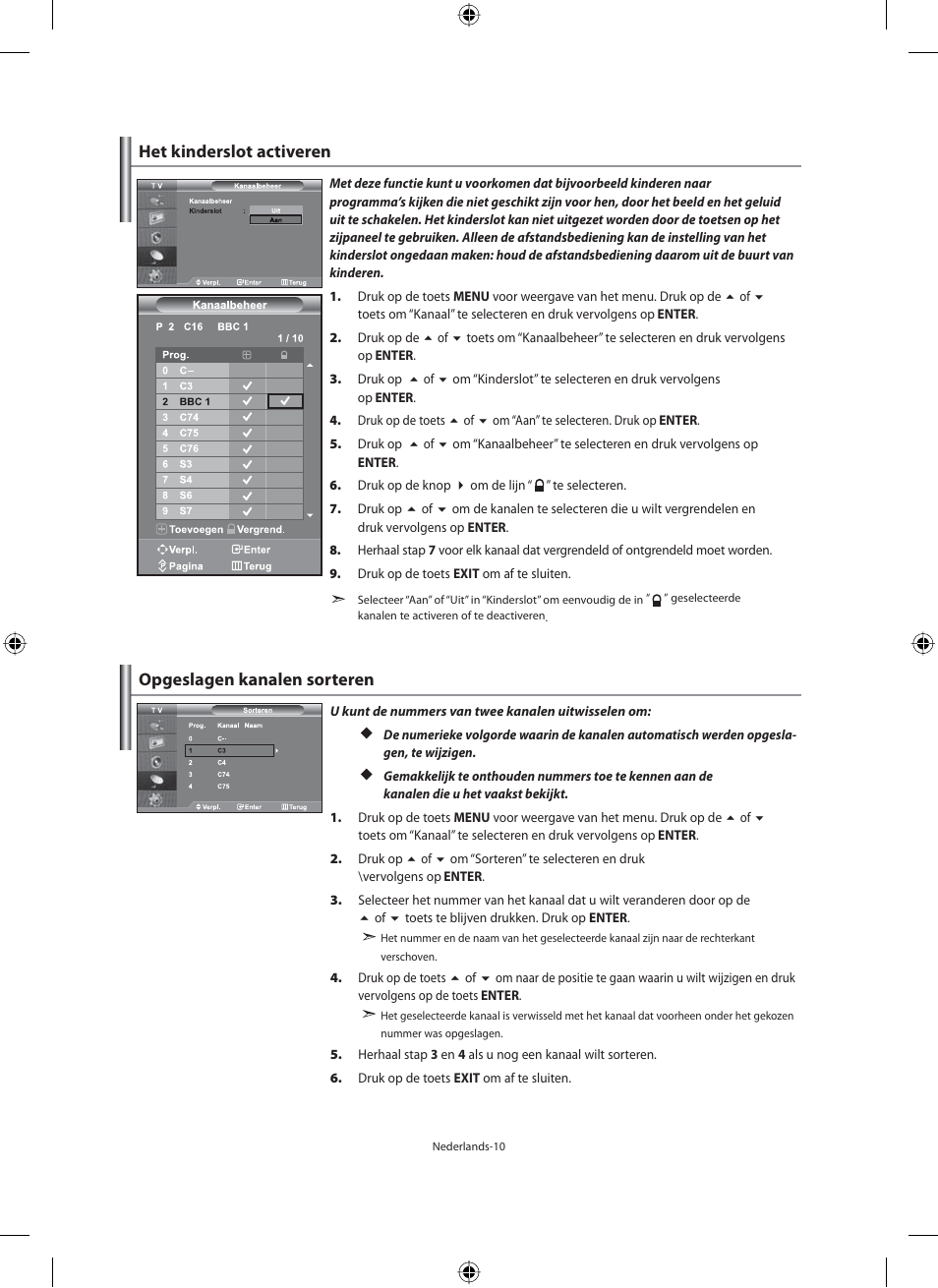 Opgeslagen kanalen sorteren, Het kinderslot activeren | Samsung LE46F71B User Manual | Page 144 / 312