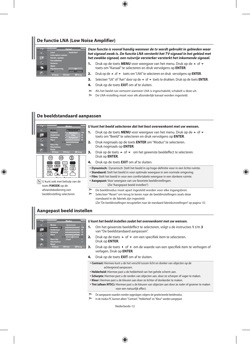 De beeldstandaard aanpassen, Aangepast beeld instellen, De functie lna (low noise amplifier) | Samsung LE46F71B User Manual | Page 146 / 312