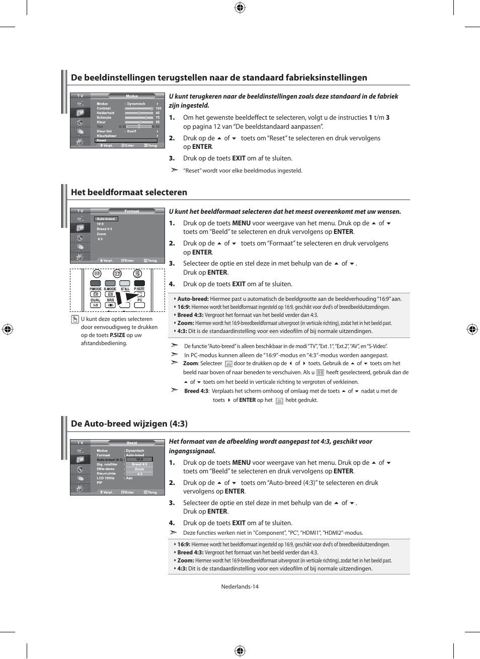 Het beeldformaat selecteren, De auto-breed wijzigen (4:3) | Samsung LE46F71B User Manual | Page 148 / 312