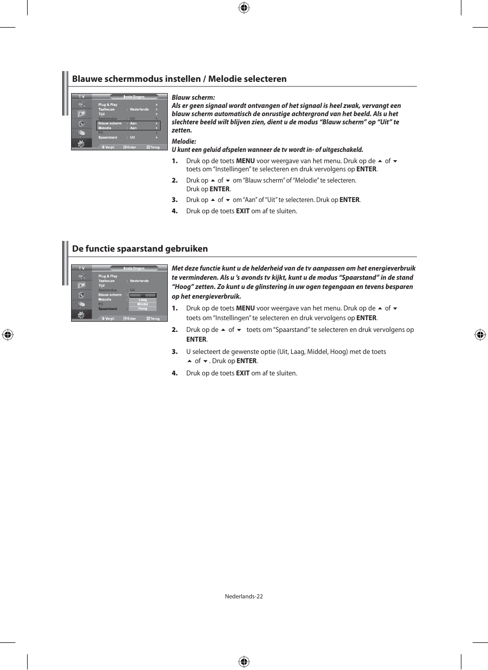 Blauwe schermmodus instellen / melodie selecteren, De functie spaarstand gebruiken | Samsung LE46F71B User Manual | Page 156 / 312