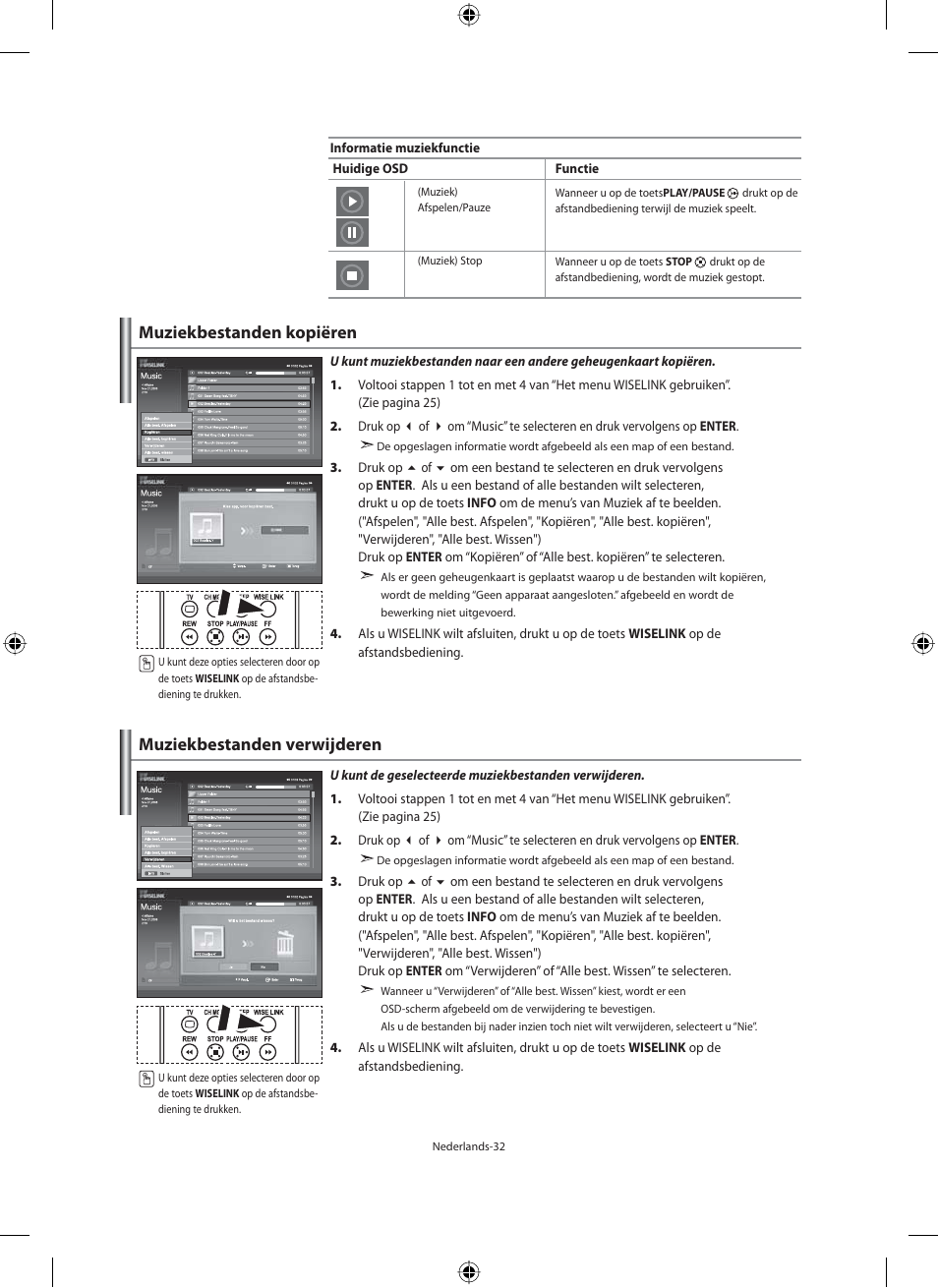 Muziekbestanden kopiëren, Muziekbestanden verwijderen | Samsung LE46F71B User Manual | Page 166 / 312