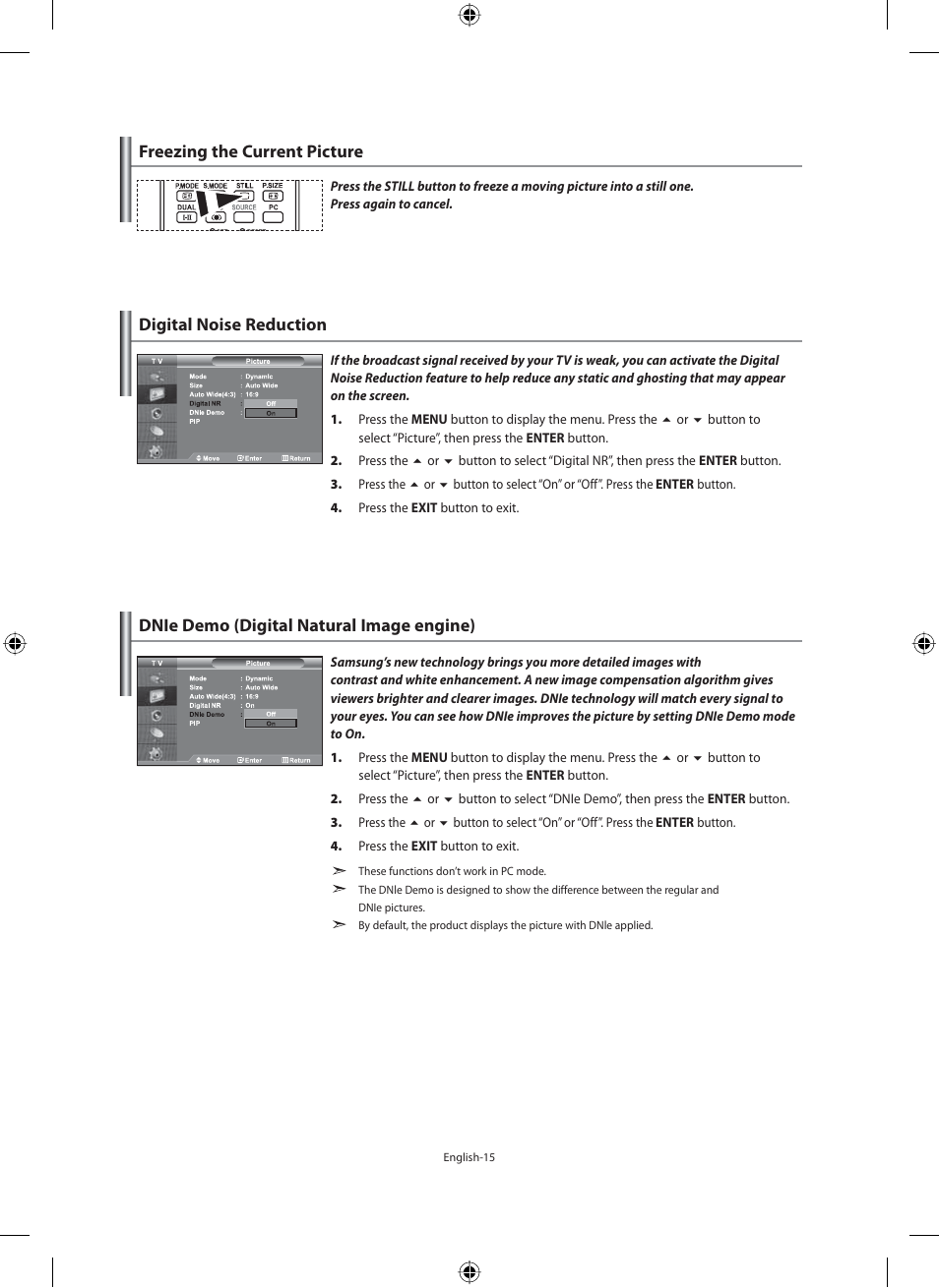 Freezing the current picture, Digital noise reduction, Dnie demo (digital natural image engine) | Samsung LE46F71B User Manual | Page 17 / 312