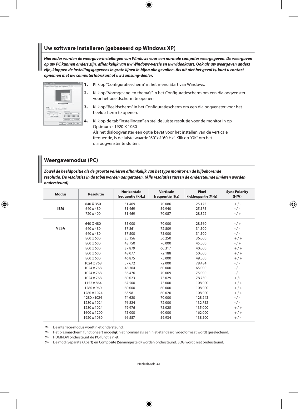 Uw software installeren (gebaseerd op windows xp), Weergavemodus (pc) | Samsung LE46F71B User Manual | Page 175 / 312