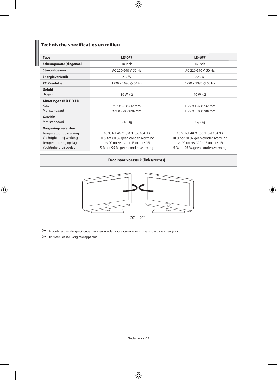 Technische specificaties en milieu | Samsung LE46F71B User Manual | Page 178 / 312