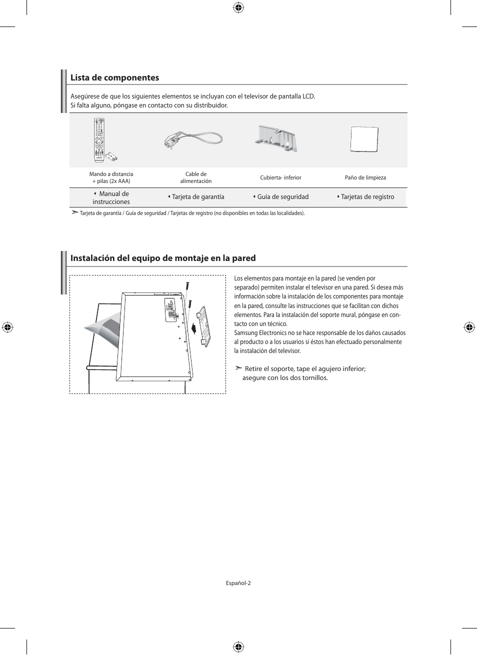 Lista de componentes, Instalación del equipo de montaje en la pared | Samsung LE46F71B User Manual | Page 180 / 312