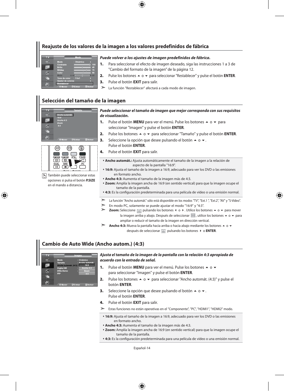 Selección del tamaño de la imagen, Cambio de auto wide (ancho autom.) (4:3) | Samsung LE46F71B User Manual | Page 192 / 312