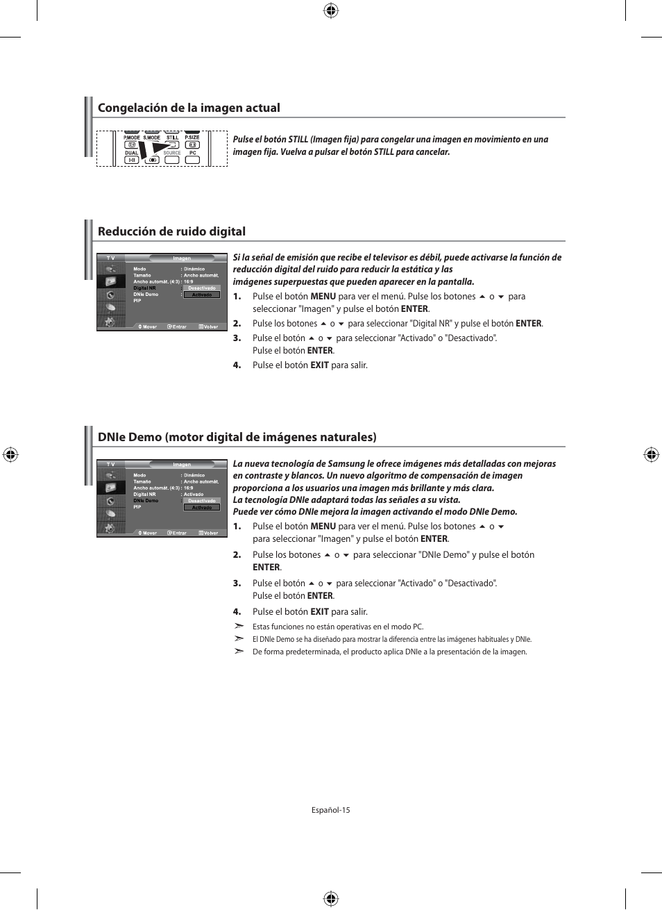 Congelación de la imagen actual, Reducción de ruido digital, Dnie demo (motor digital de imágenes naturales) | Samsung LE46F71B User Manual | Page 193 / 312