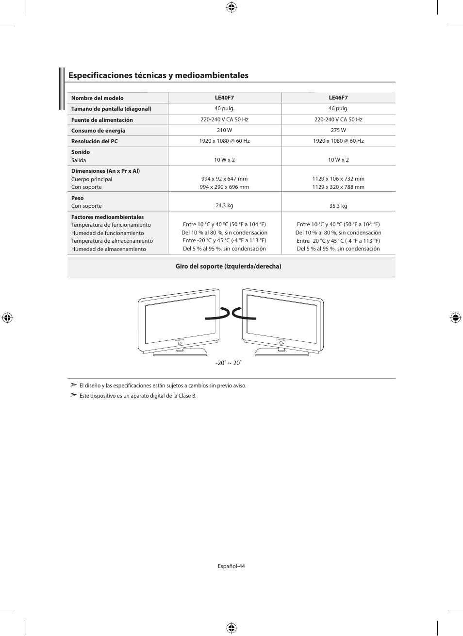Especificaciones técnicas y medioambientales | Samsung LE46F71B User Manual | Page 222 / 312