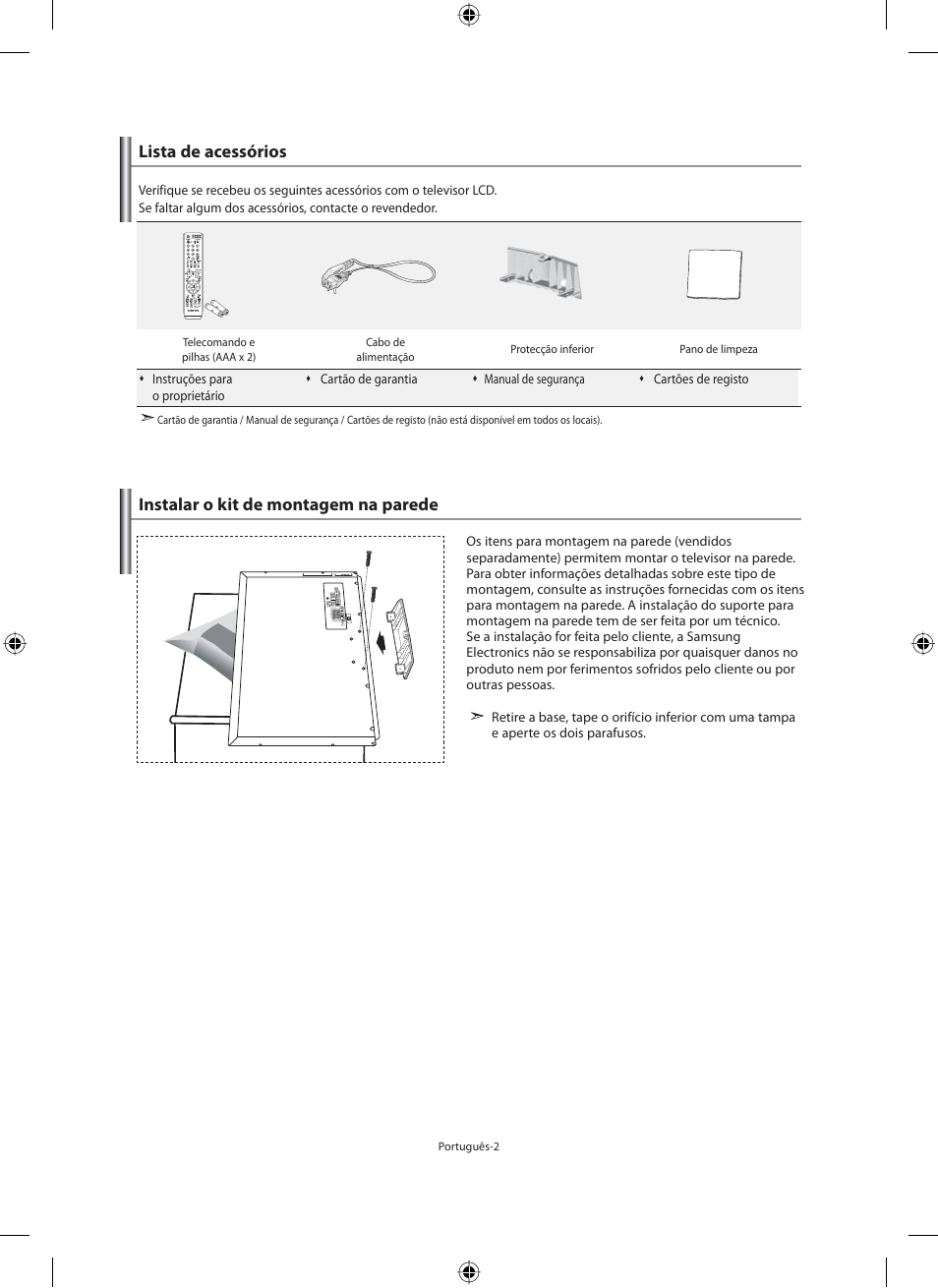 Lista de acessórios, Instalar o kit de montagem na parede | Samsung LE46F71B User Manual | Page 224 / 312