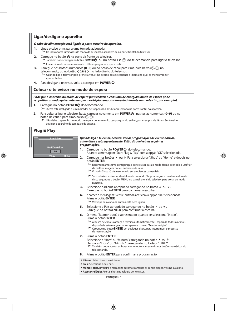 Ligar/desligar o aparelho, Colocar o televisor no modo de espera, Plug & play | Samsung LE46F71B User Manual | Page 229 / 312