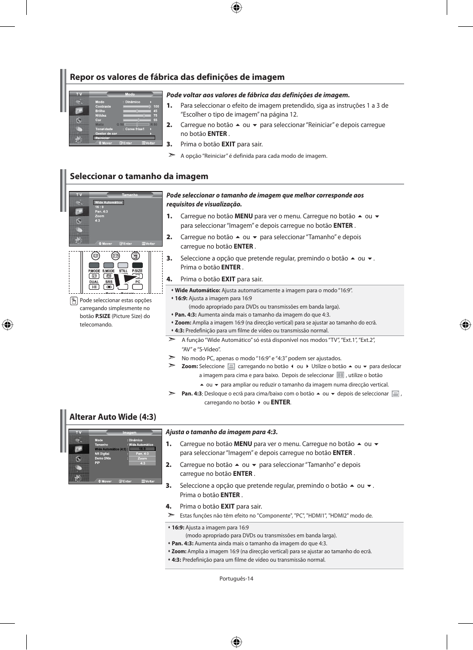 Seleccionar o tamanho da imagem, Alterar auto wide (4:3) | Samsung LE46F71B User Manual | Page 236 / 312