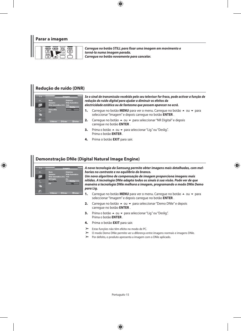Parar a imagem, Redução de ruído (dnr), Demonstração dnie (digital natural image engine) | Samsung LE46F71B User Manual | Page 237 / 312