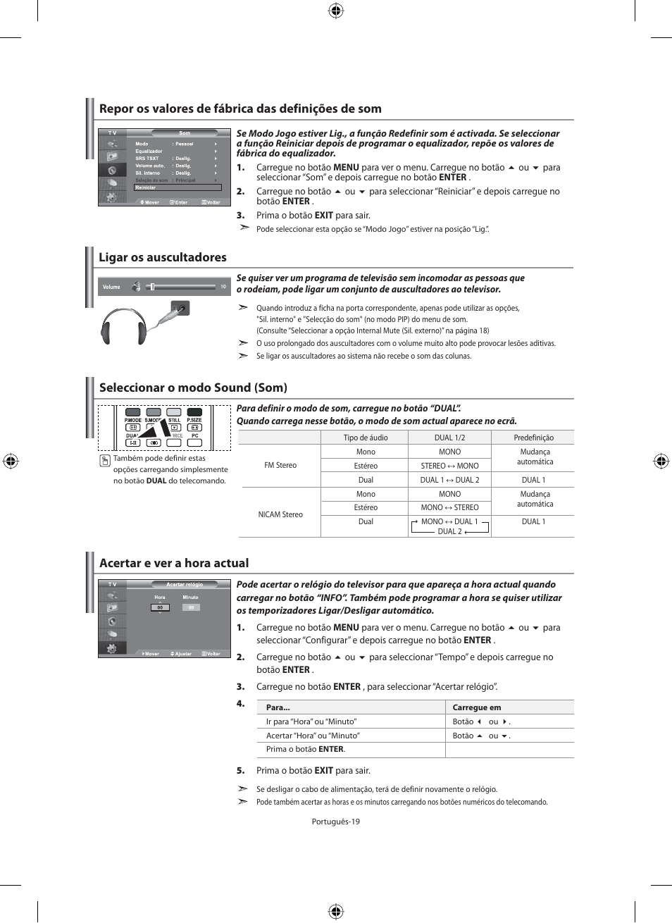 Ligar os auscultadores, Seleccionar o modo sound (som) | Samsung LE46F71B User Manual | Page 241 / 312
