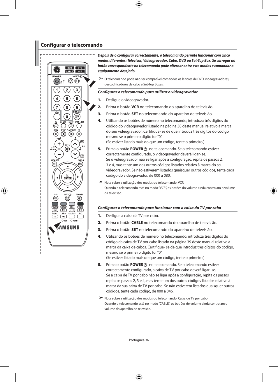 Configurar o telecomando | Samsung LE46F71B User Manual | Page 258 / 312