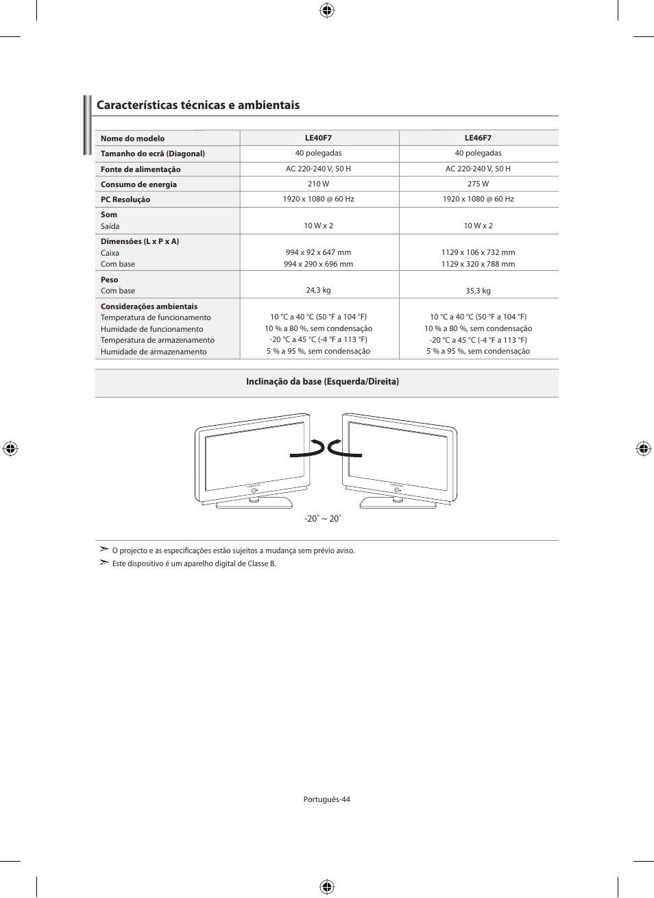Características técnicas e ambientais | Samsung LE46F71B User Manual | Page 266 / 312