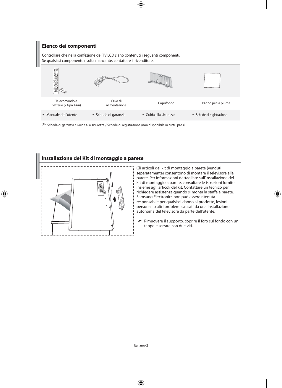 Elenco dei componenti, Installazione del kit di montaggio a parete | Samsung LE46F71B User Manual | Page 268 / 312