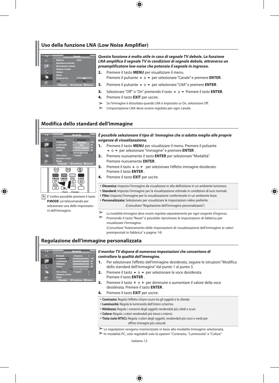 Modifica dello standard dell’immagine, Regolazione dell’immagine personalizzata, Uso della funzione lna (low noise amplifier) | Samsung LE46F71B User Manual | Page 278 / 312