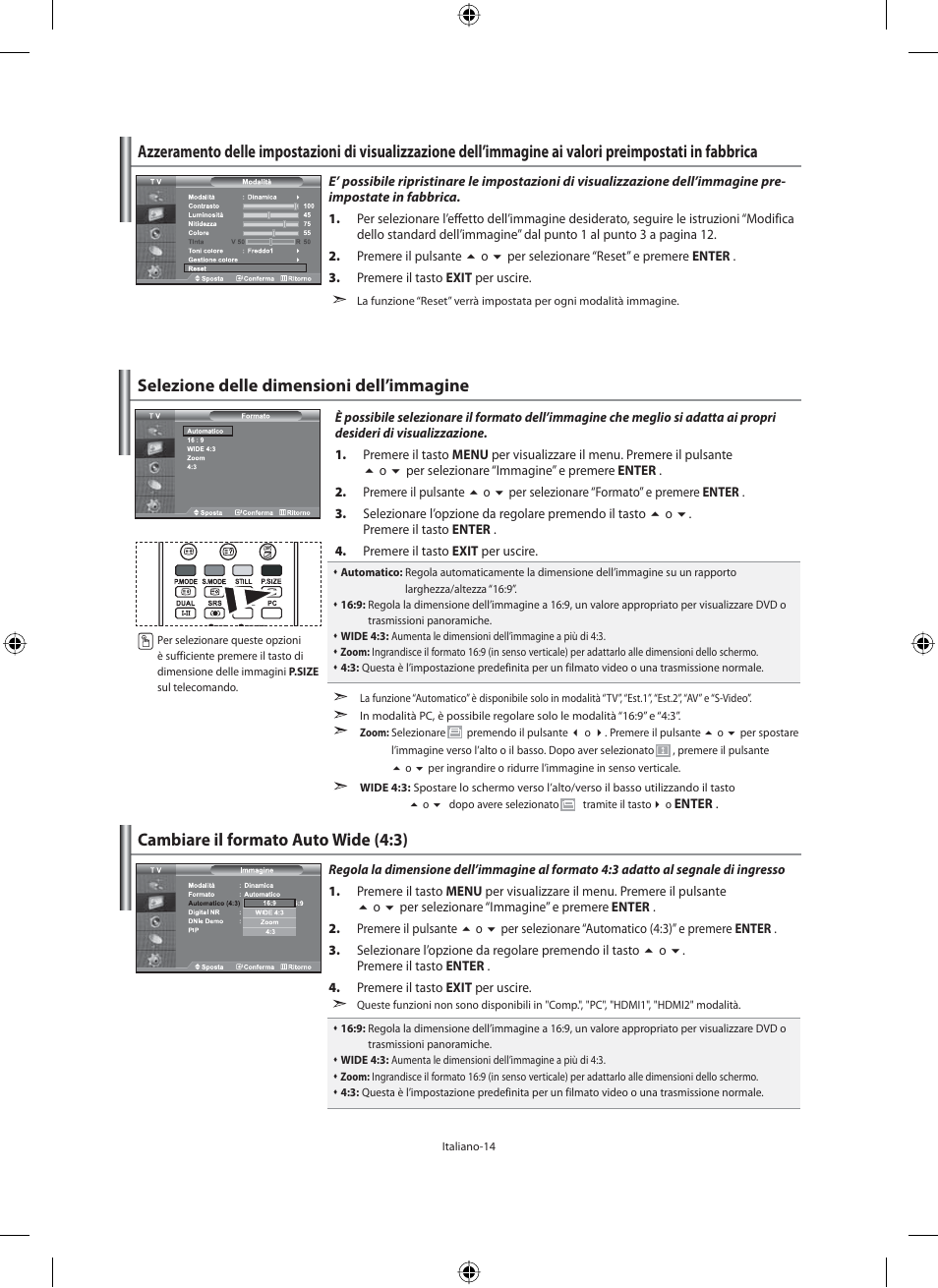 Selezione delle dimensioni dell’immagine, Cambiare il formato auto wide (4:3) | Samsung LE46F71B User Manual | Page 280 / 312