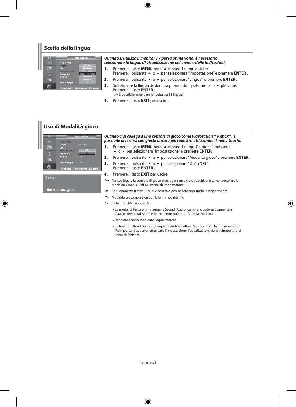 Scelta della lingua, Uso di modalità gioco | Samsung LE46F71B User Manual | Page 287 / 312