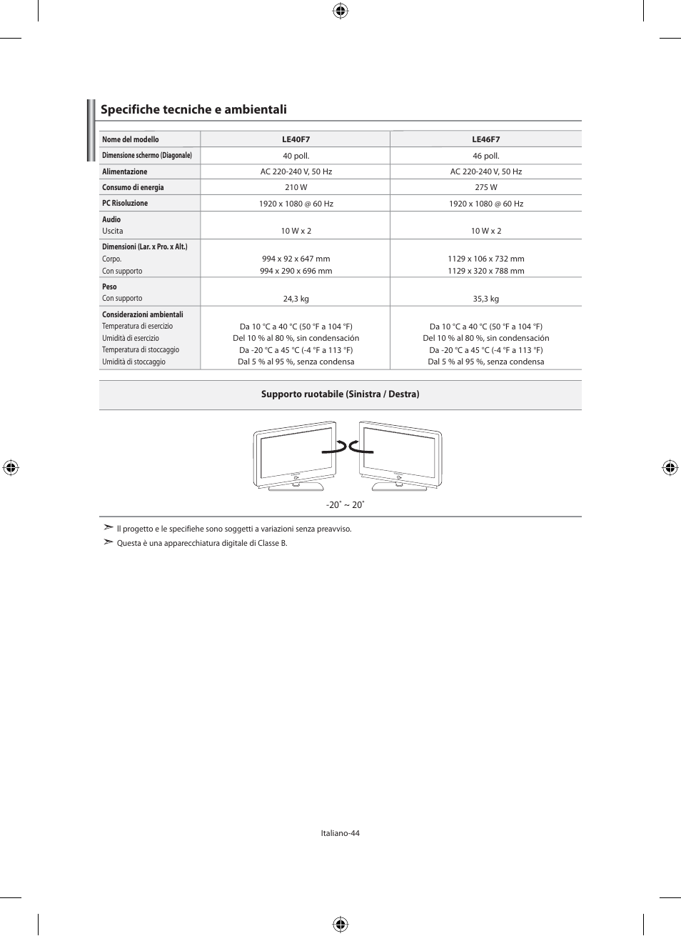 Specifiche tecniche e ambientali | Samsung LE46F71B User Manual | Page 310 / 312