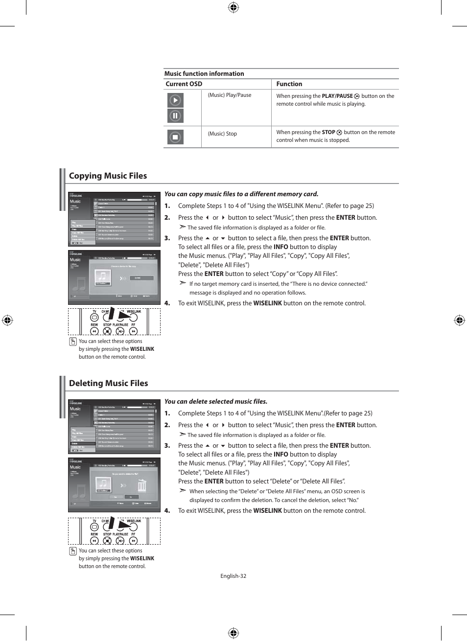 Copying music files, Deleting music files | Samsung LE46F71B User Manual | Page 34 / 312