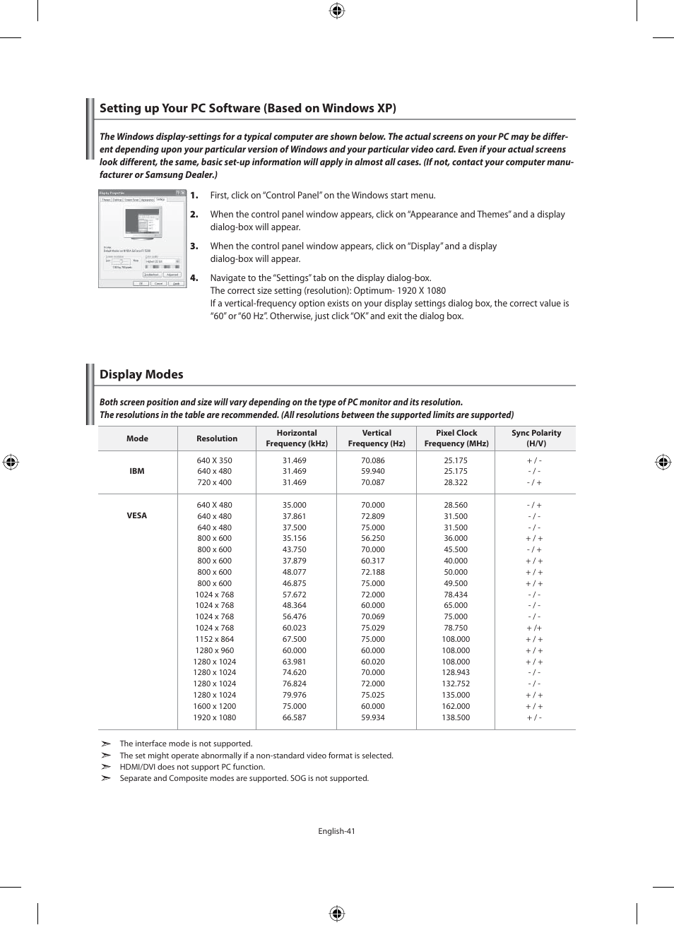 Setting the pc, Setting up your pc software (based on windows xp), Display modes | Samsung LE46F71B User Manual | Page 43 / 312