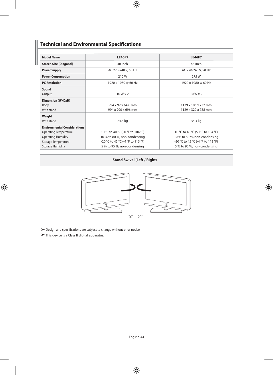 Technical and environmental specifications | Samsung LE46F71B User Manual | Page 46 / 312