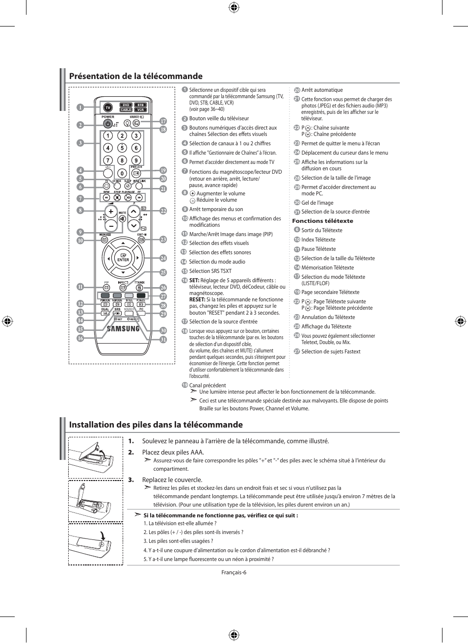 Installation des piles dans la télécommande, Présentation de la télécommande | Samsung LE46F71B User Manual | Page 52 / 312