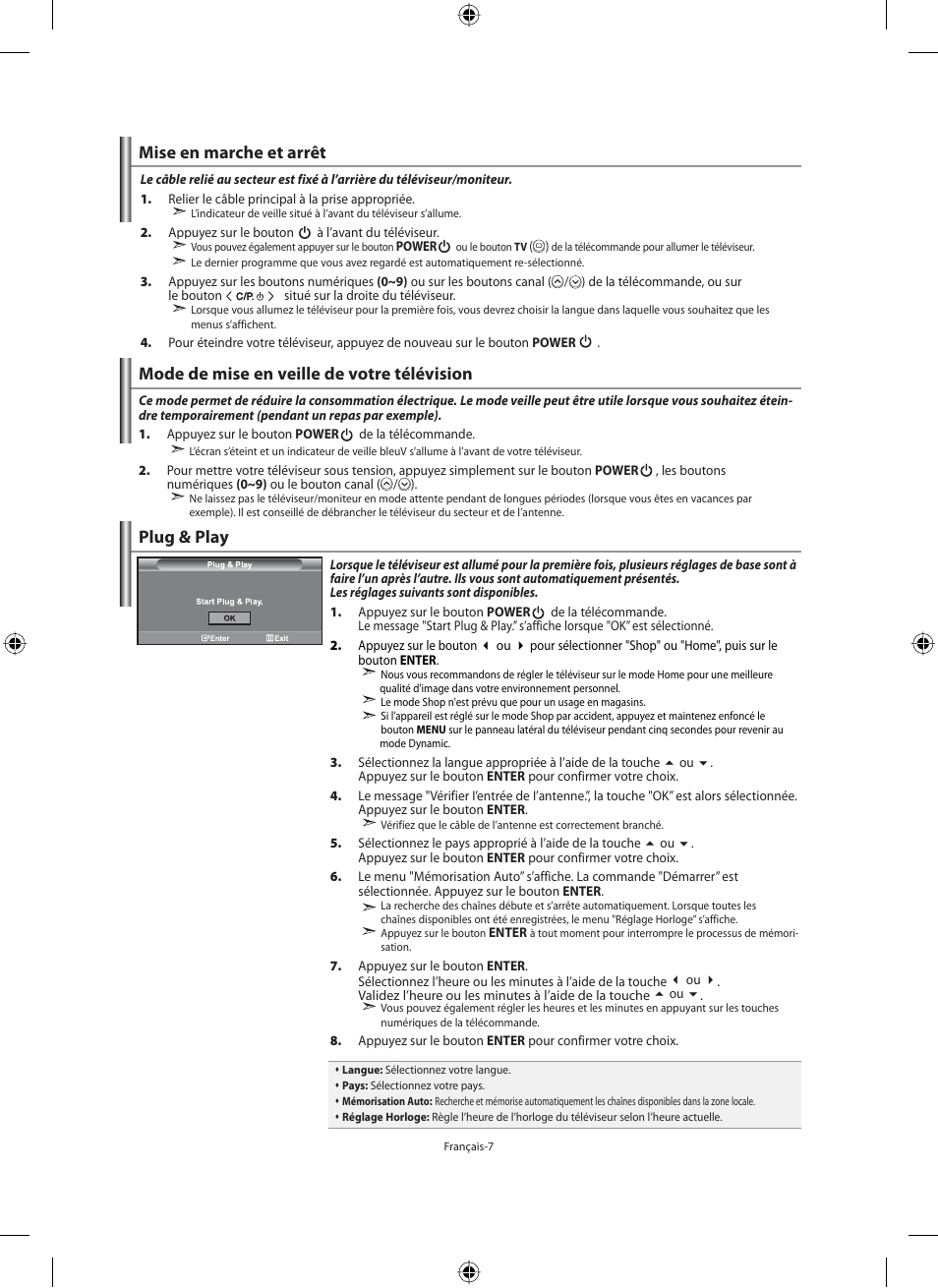 Mise en marche et arrêt, Mode de mise en veille de votre télévision, Plug & play | Samsung LE46F71B User Manual | Page 53 / 312