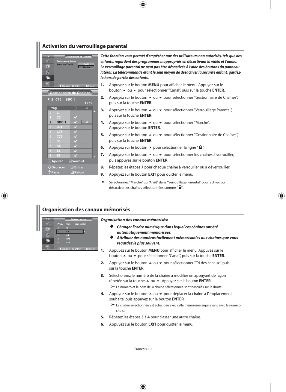 Organisation des canaux mémorisés, Activation du verrouillage parental | Samsung LE46F71B User Manual | Page 56 / 312