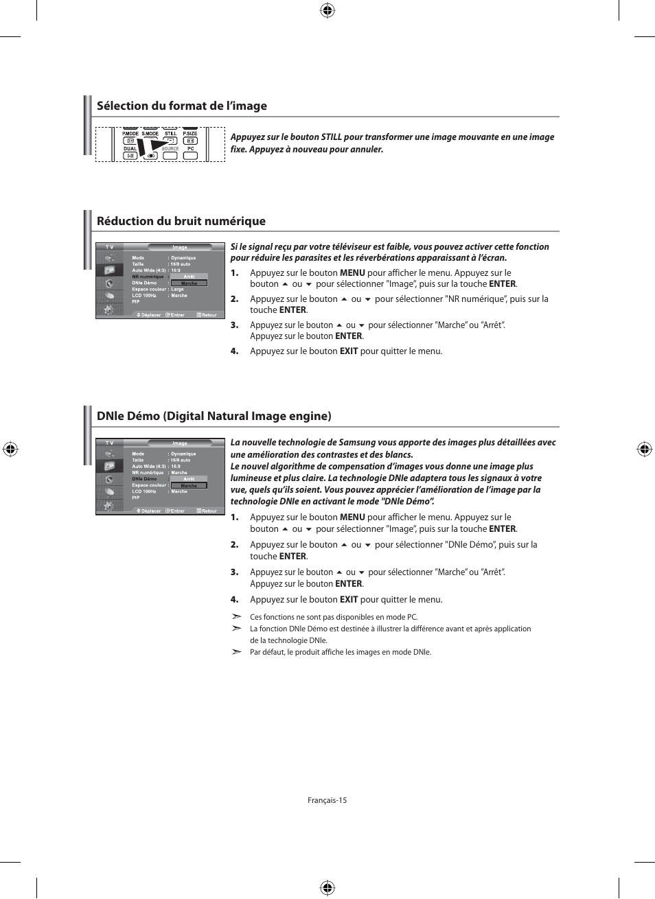 Sélection du format de l’image, Réduction du bruit numérique, Dnle démo (digital natural image engine) | Samsung LE46F71B User Manual | Page 61 / 312