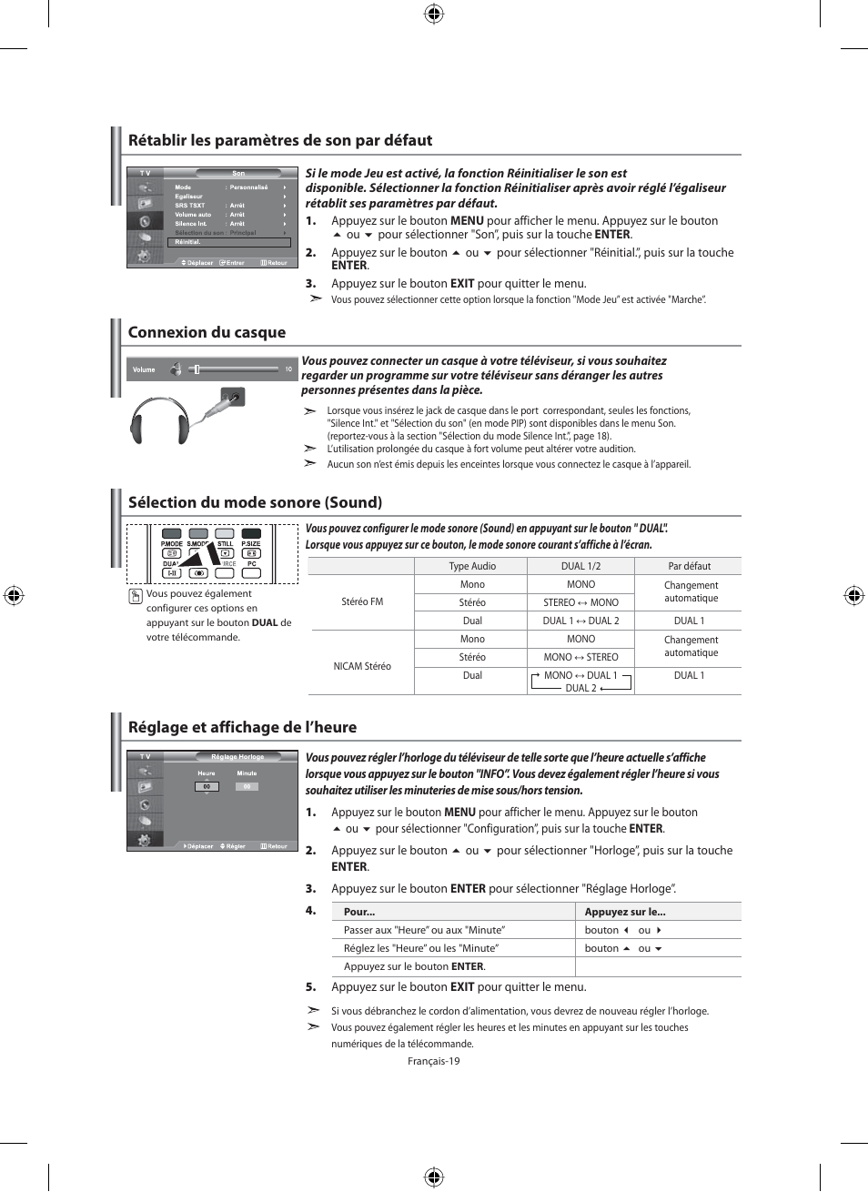 Rétablir les paramètres de son par défaut, Réglage et affichage de l’heure, Connexion du casque | Sélection du mode sonore (sound) | Samsung LE46F71B User Manual | Page 65 / 312