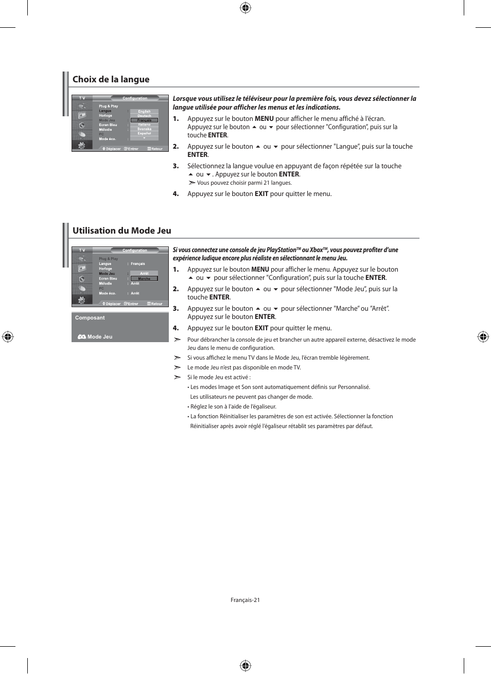 Choix de la langue, Utilisation du mode jeu | Samsung LE46F71B User Manual | Page 67 / 312