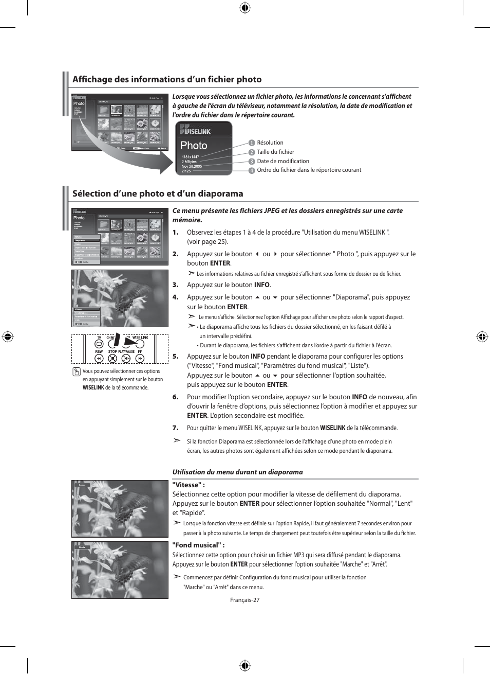 Sélection d’une photo et d’un diaporama, Affichage des informations d’un fichier photo | Samsung LE46F71B User Manual | Page 73 / 312