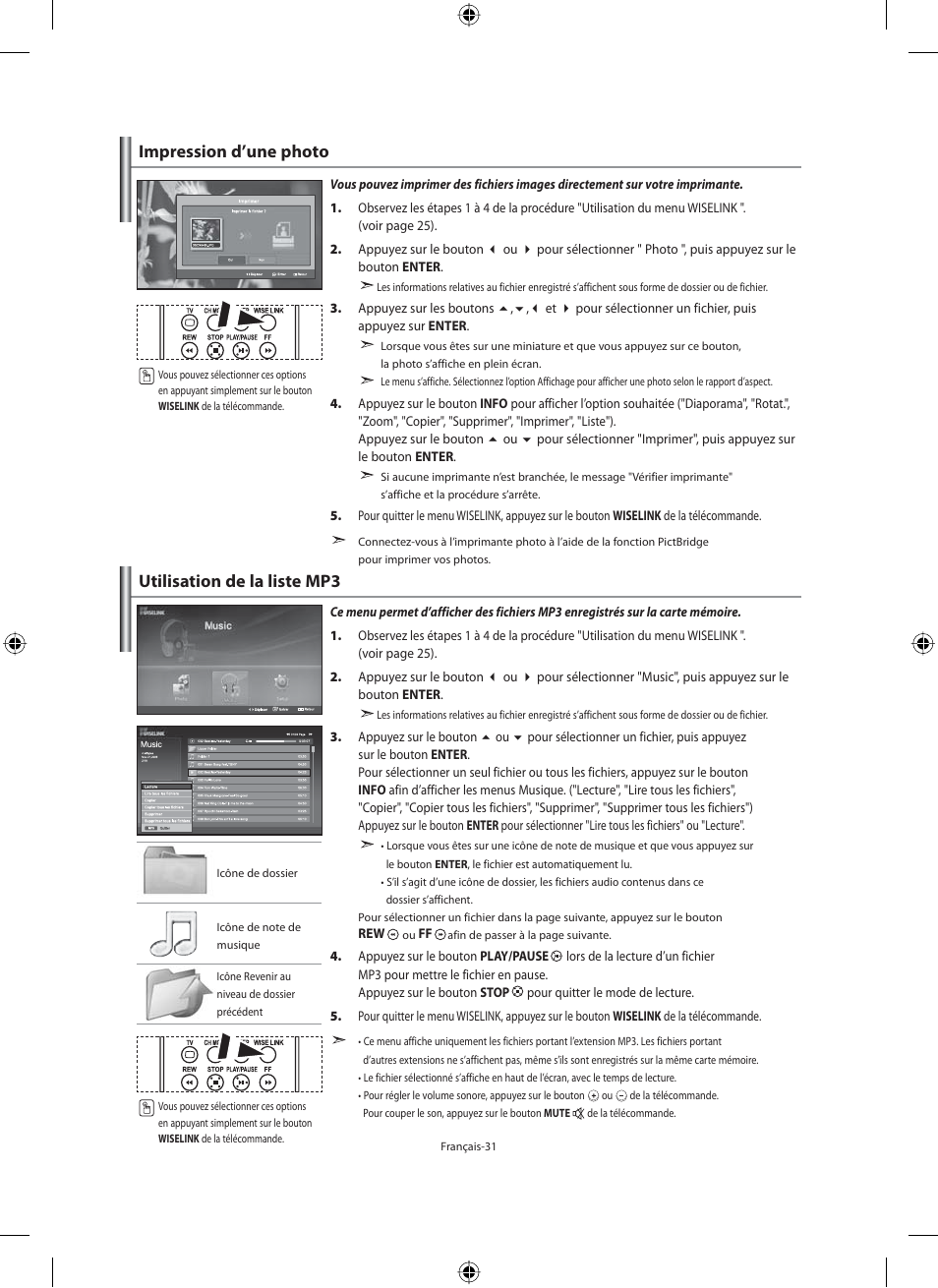 Utilisation de la liste mp3, Impression d’une photo | Samsung LE46F71B User Manual | Page 77 / 312