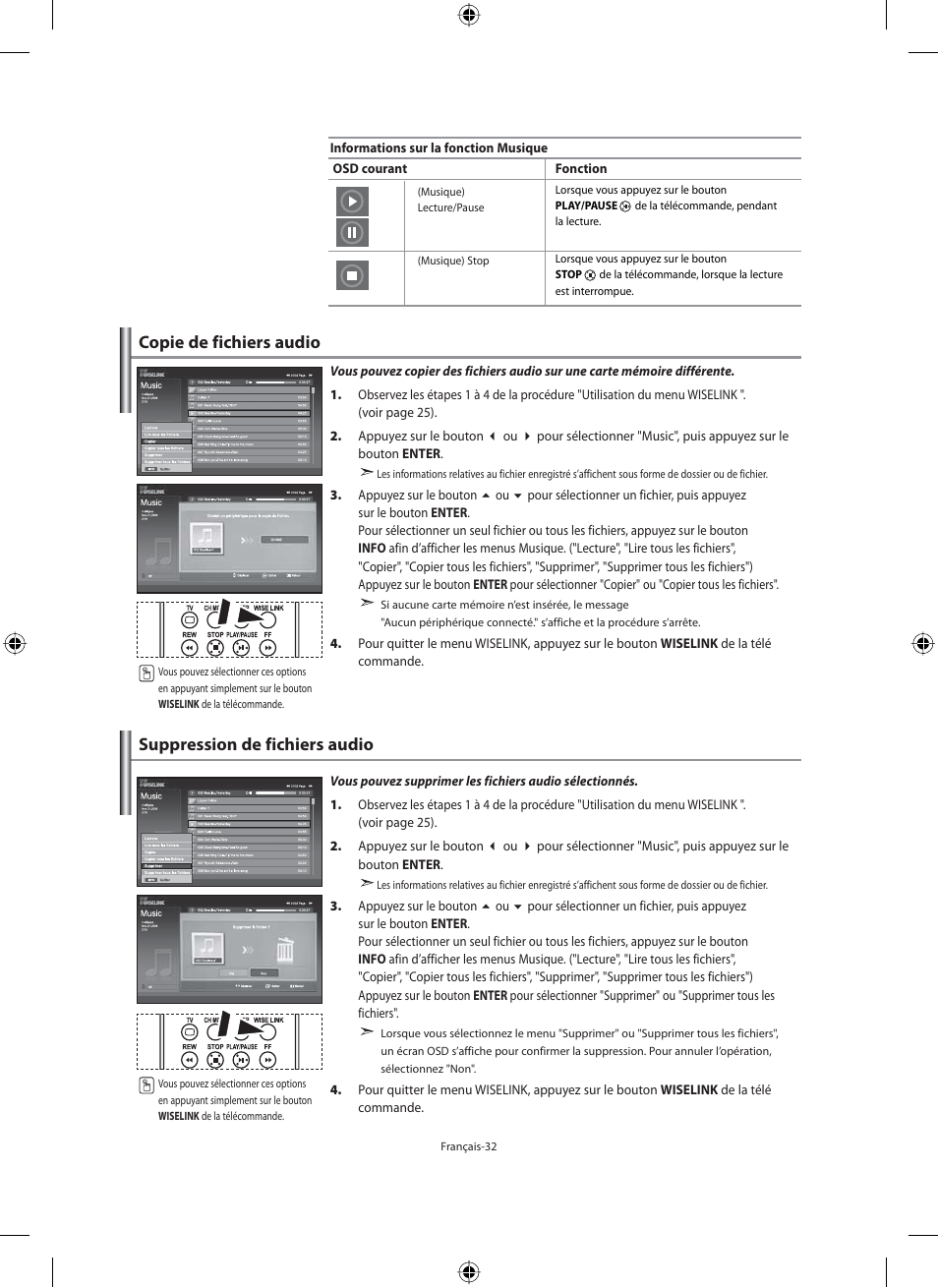 Copie de fichiers audio, Suppression de fichiers audio | Samsung LE46F71B User Manual | Page 78 / 312