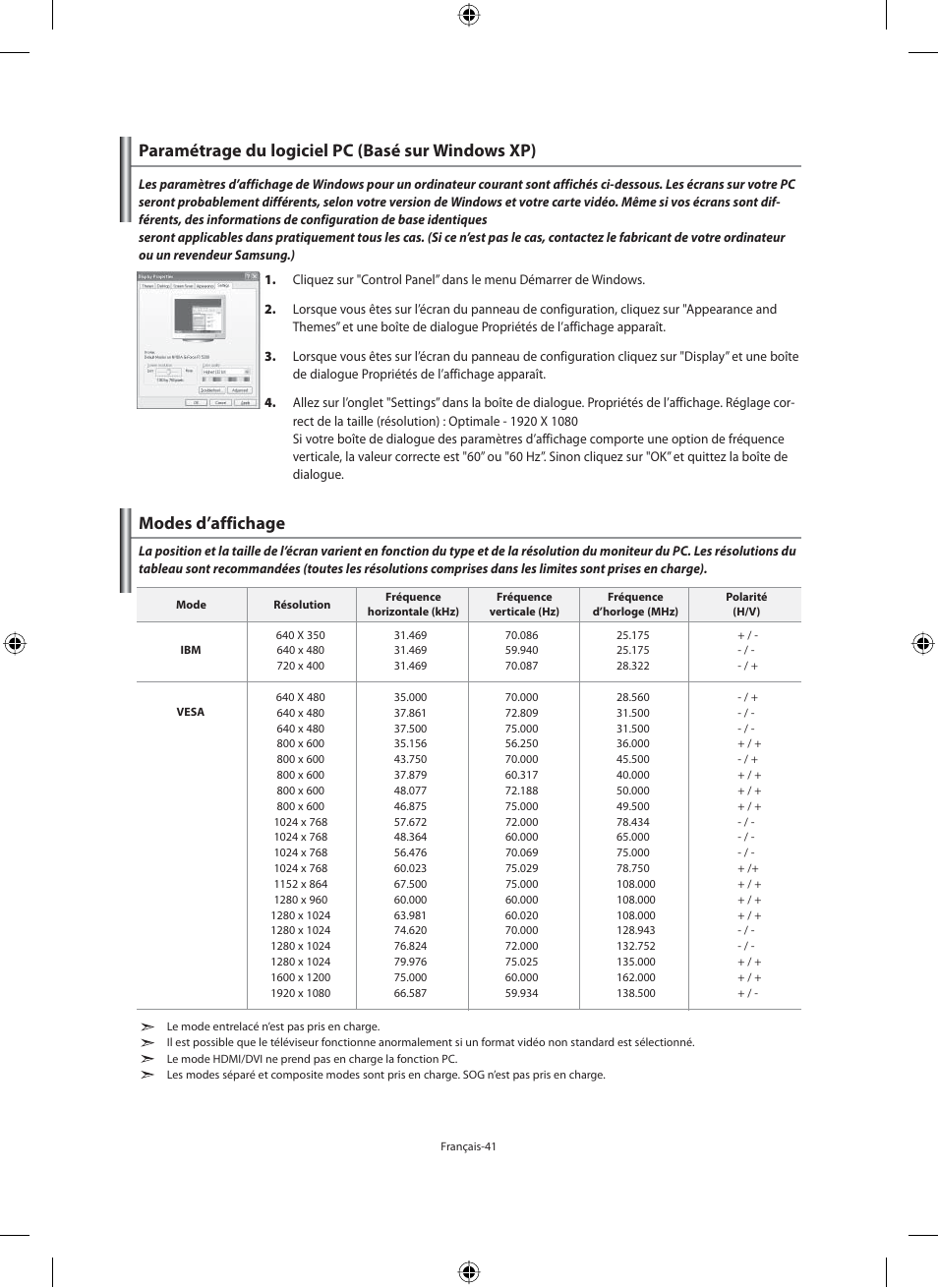 Paramétrage du logiciel pc (basé sur windows xp), Modes d’affichage | Samsung LE46F71B User Manual | Page 87 / 312