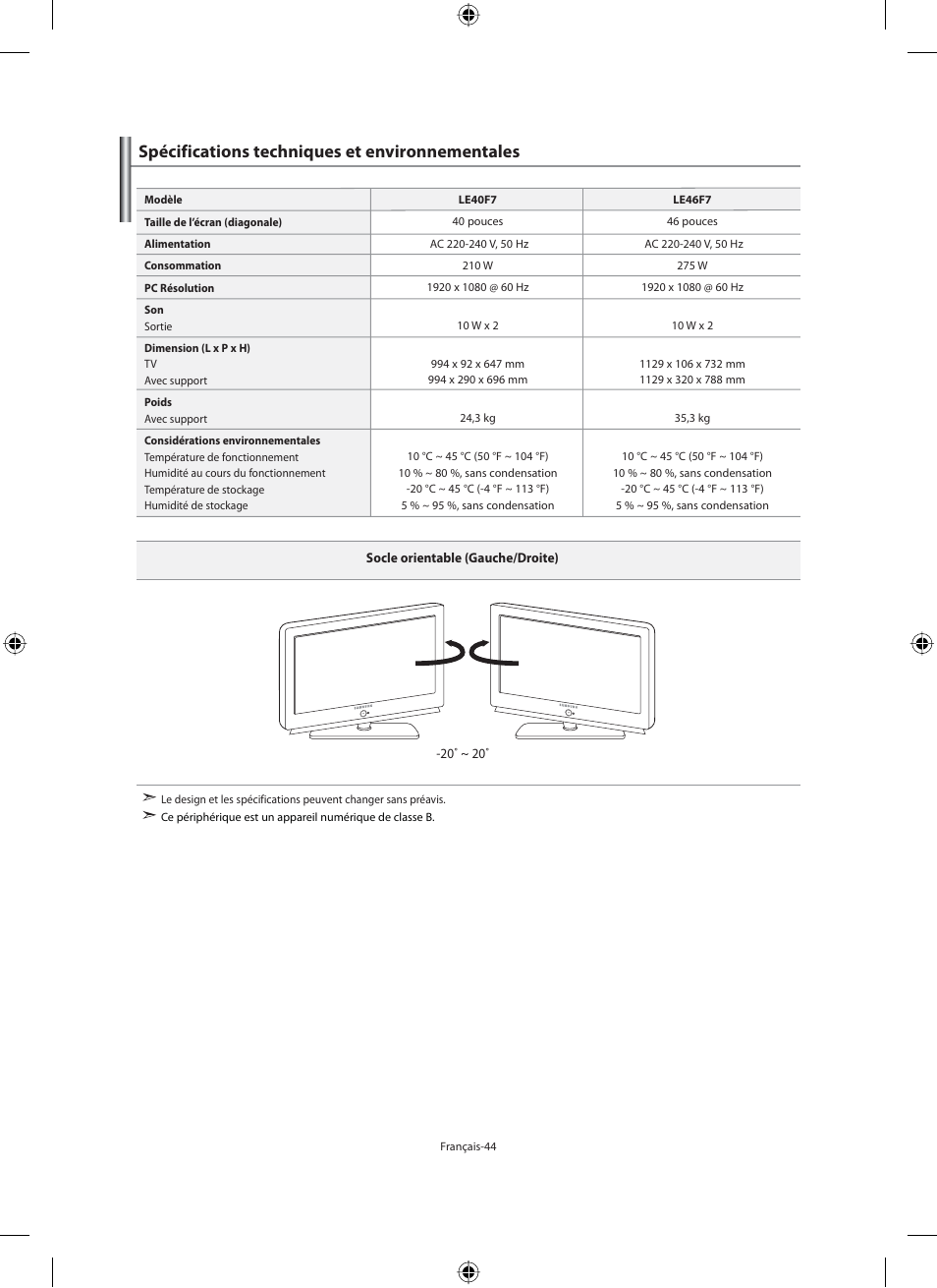 Spécifications techniques et environnementales | Samsung LE46F71B User Manual | Page 90 / 312
