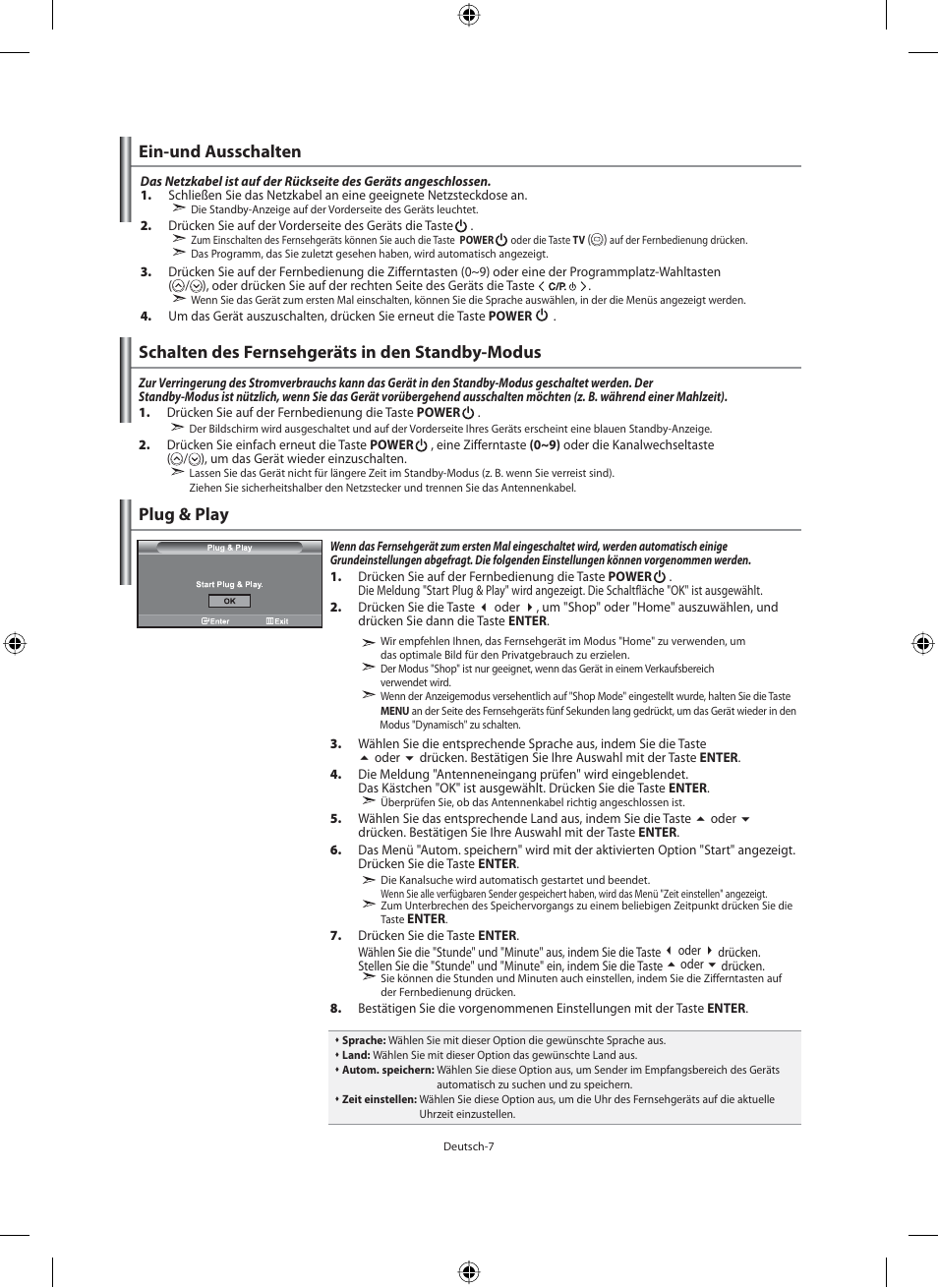Ein-und ausschalten, Schalten des fernsehgeräts in den standby-modus, Plug & play | Samsung LE46F71B User Manual | Page 97 / 312