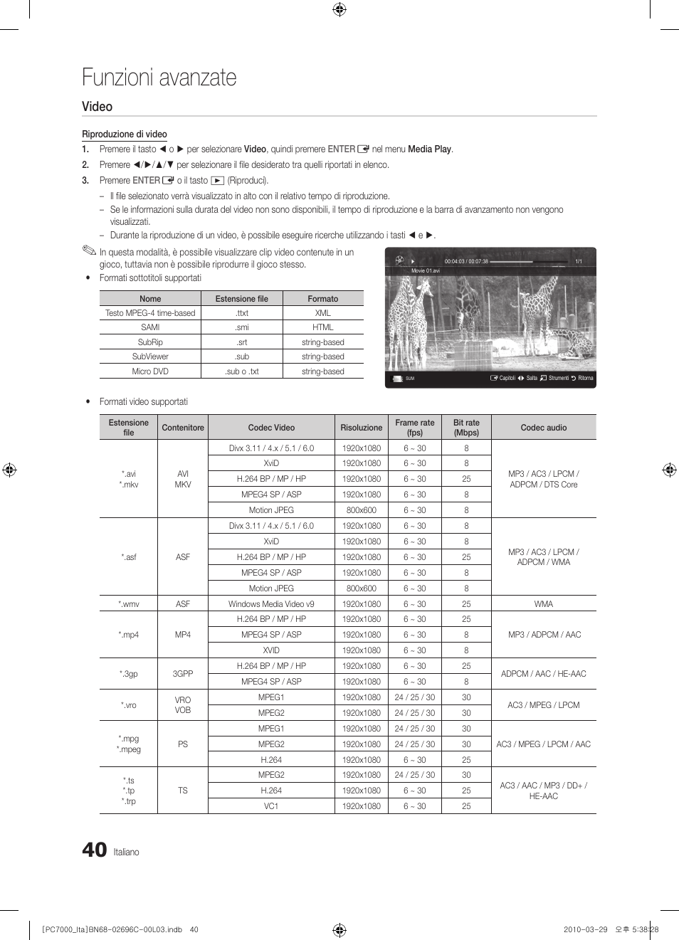 Funzioni avanzate, Video | Samsung PS50C7000YP User Manual | Page 102 / 189